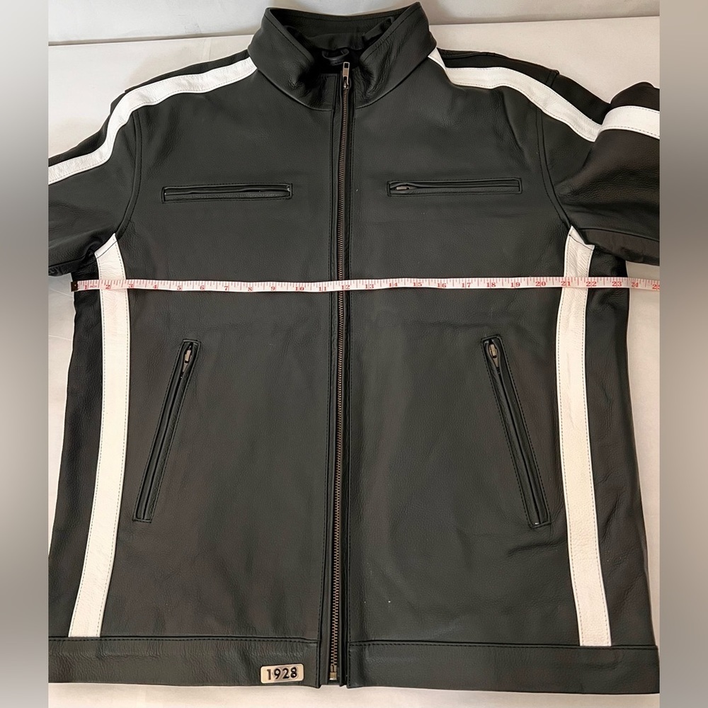 *CUSTOM* Mens Black Cafe Racer Leather Jacket With White Stripes Size L - Picture 11 of 15
